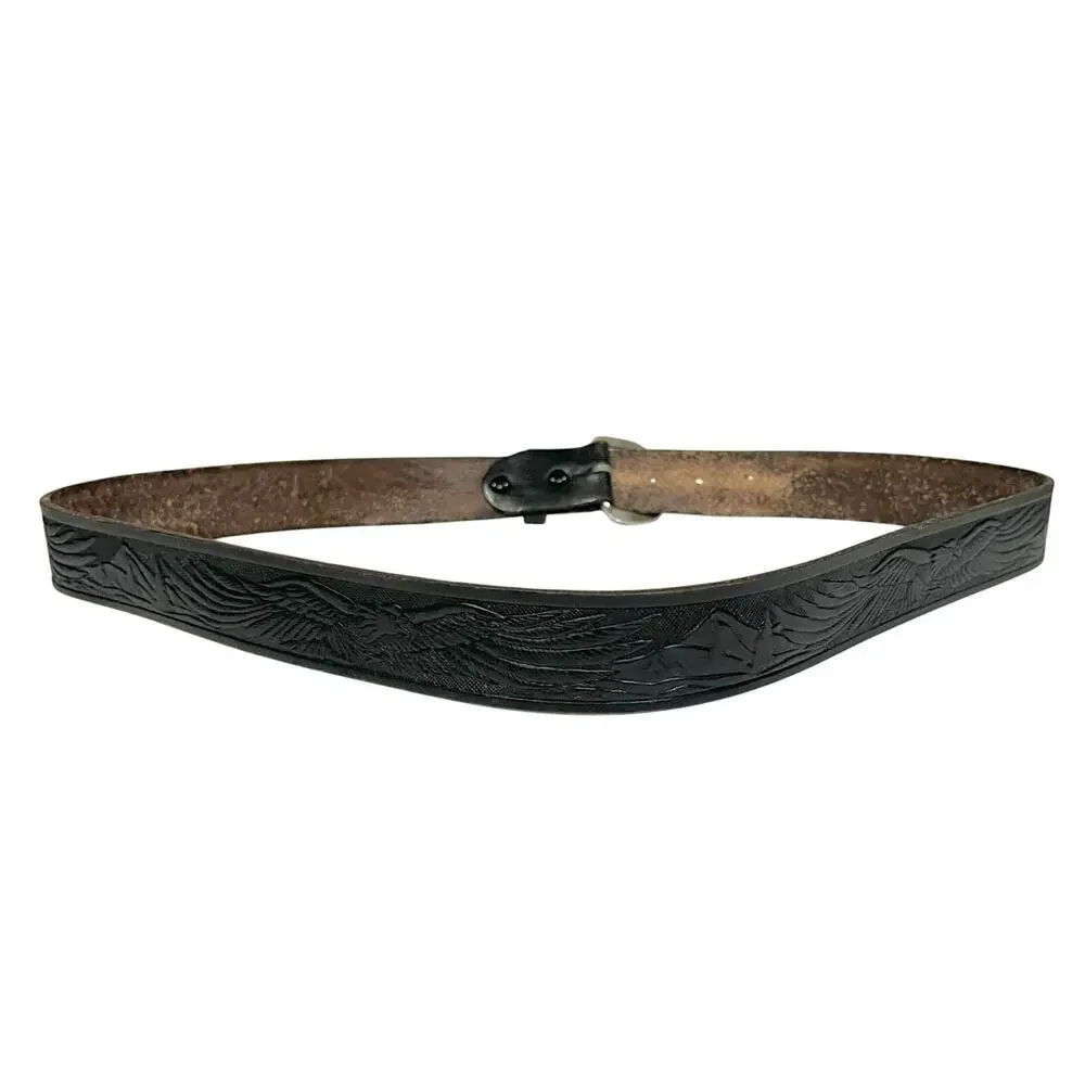Vintage HAND TOOLED Belt WESTERN Eagle Black Leather Made In U.S.A Men’s 44